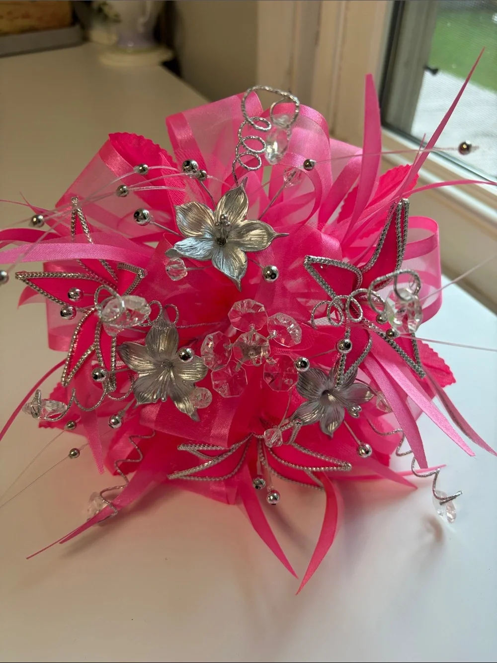 Sweet 15 Quinceañera Fuchsia Pink Ribbon Bouquet & Matching Tocado Set